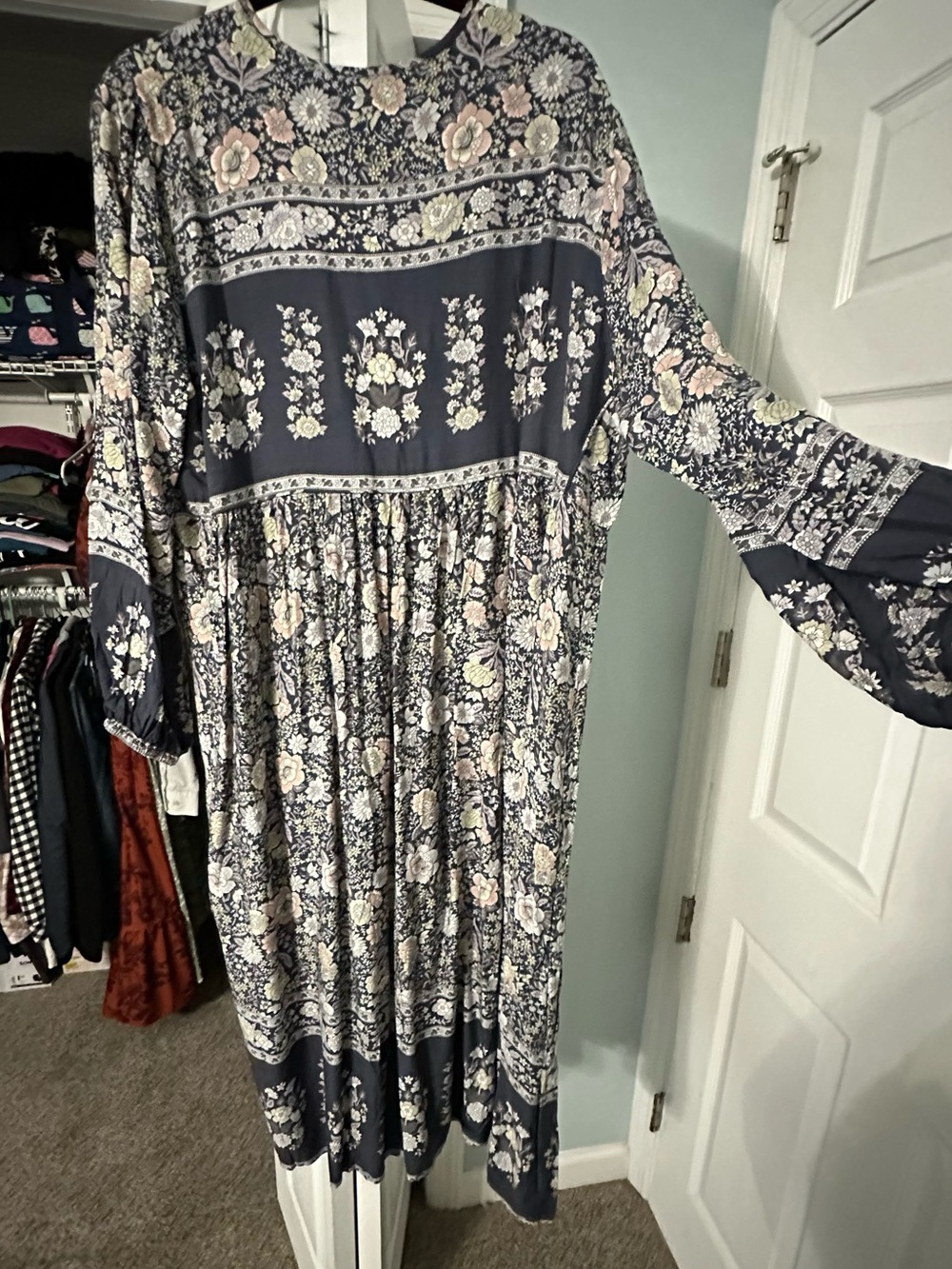 Women's Boho Floral Tiered Midi Dress - Navy with Pink & Cream Floral - Picture 4 of 4